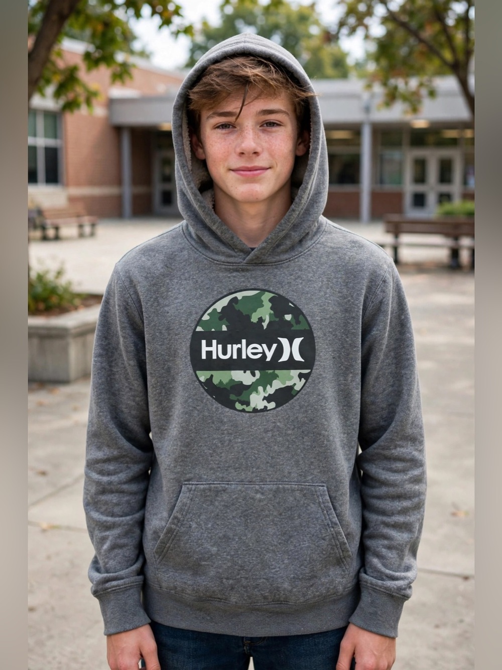 Hurley Men's Gray Pullover Hoodie with Green Camo Logo